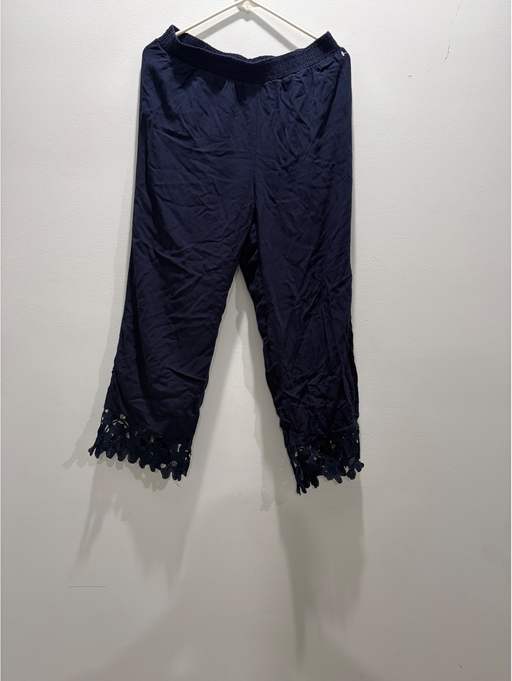 Navy Blue Wide Leg Pull-On Pants with Crochet Lace Trim Hem